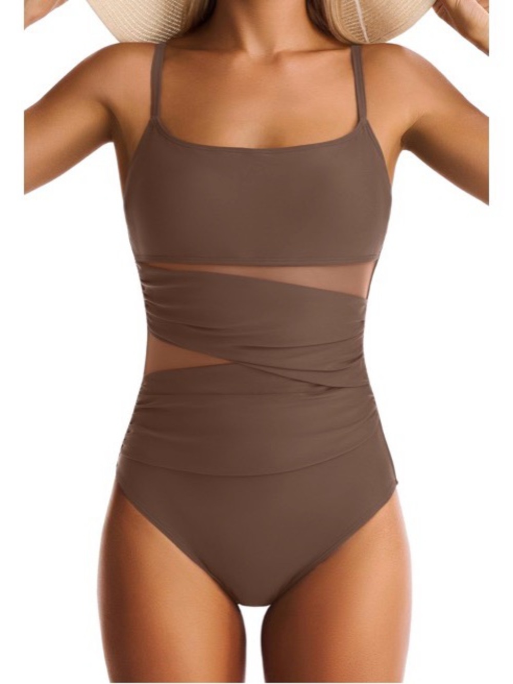 EVOCRCO Brown One-Piece Swimwear with Sheer Mesh Panels. Tummy Control. Size 2XL